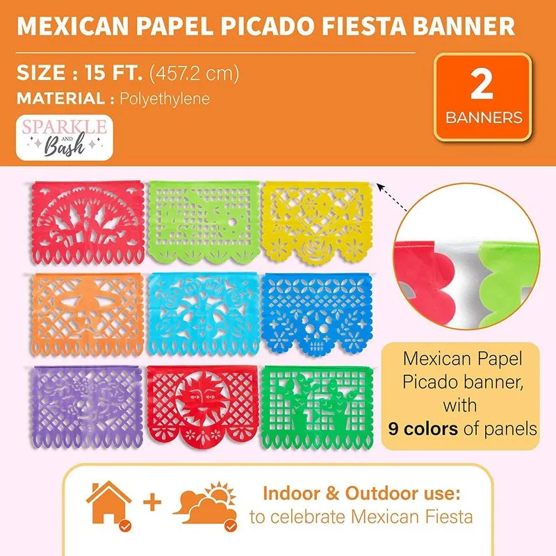 Mexican Papel Picado Banner for Fiestas, Cinco de Mayo (15 ft, 9 Colors, 2 Pack)