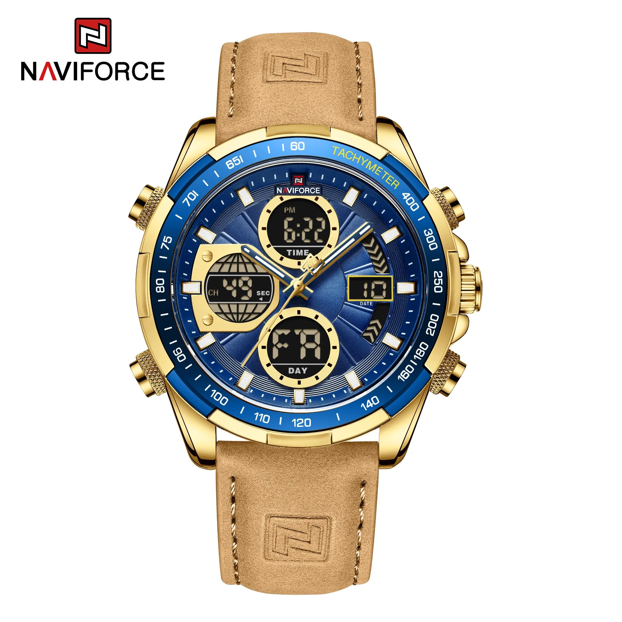 NAVIFORCE Men's Sport Watches Digital Analog Quartz Waterproof Multifunctional Military Leather Watch for Men NF9197L