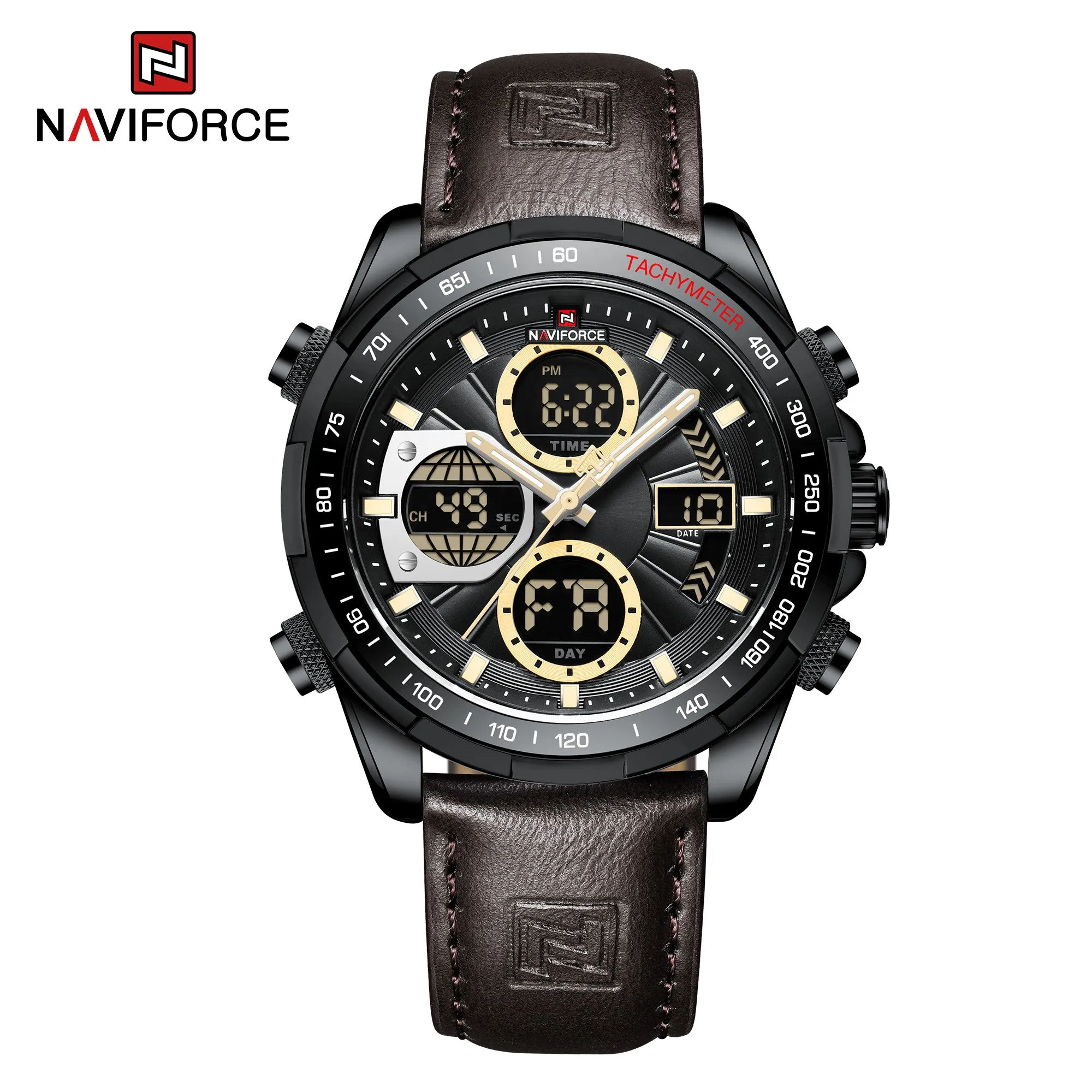 NAVIFORCE Men's Sport Watches Digital Analog Quartz Waterproof Multifunctional Military Leather Watch for Men NF9197L
