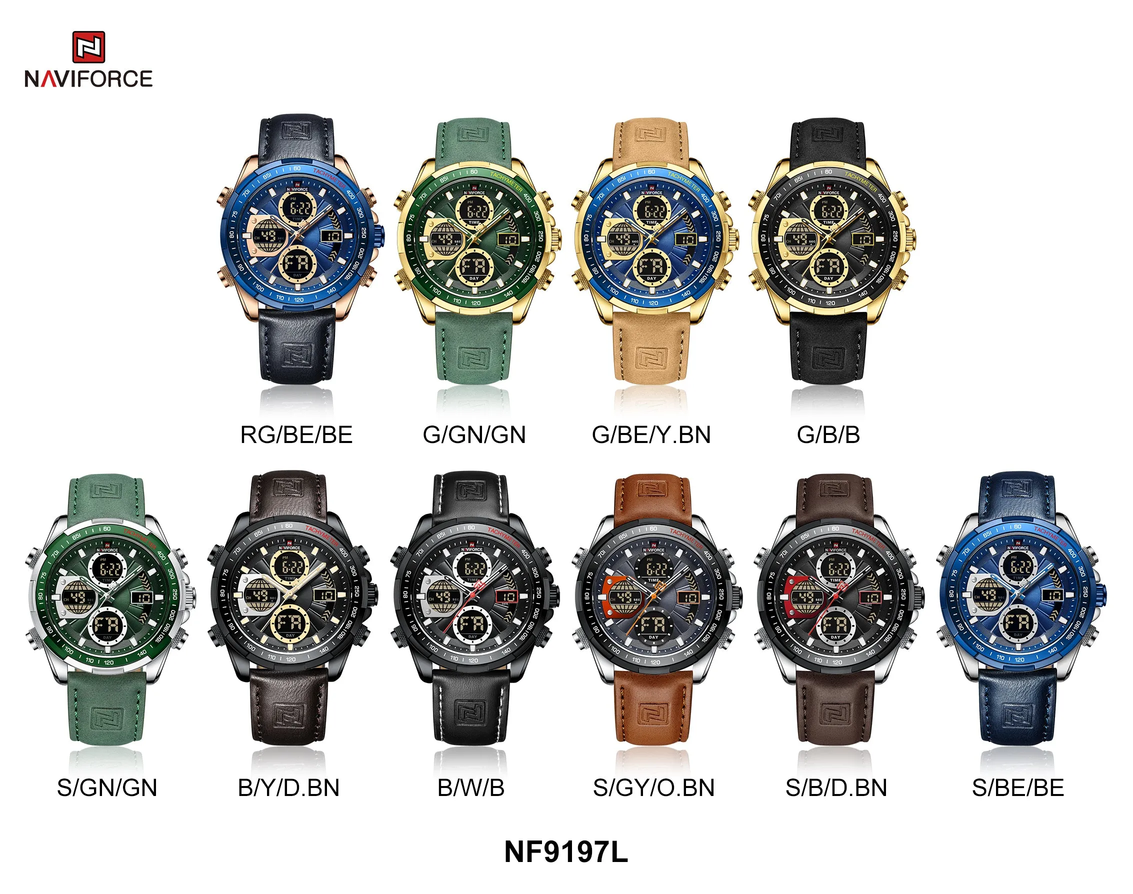 NAVIFORCE Men's Sport Watches Digital Analog Quartz Waterproof Multifunctional Military Leather Watch for Men NF9197L