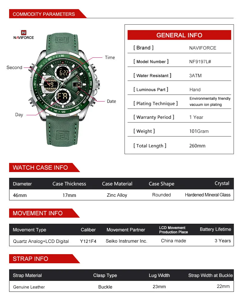 NAVIFORCE Men's Sport Watches Digital Analog Quartz Waterproof Multifunctional Military Leather Watch for Men NF9197L