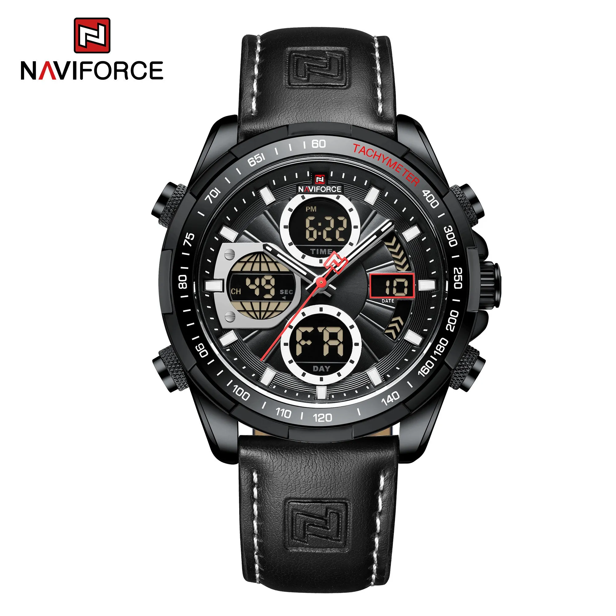 NAVIFORCE Men's Sport Watches Digital Analog Quartz Waterproof Multifunctional Military Leather Watch for Men NF9197L
