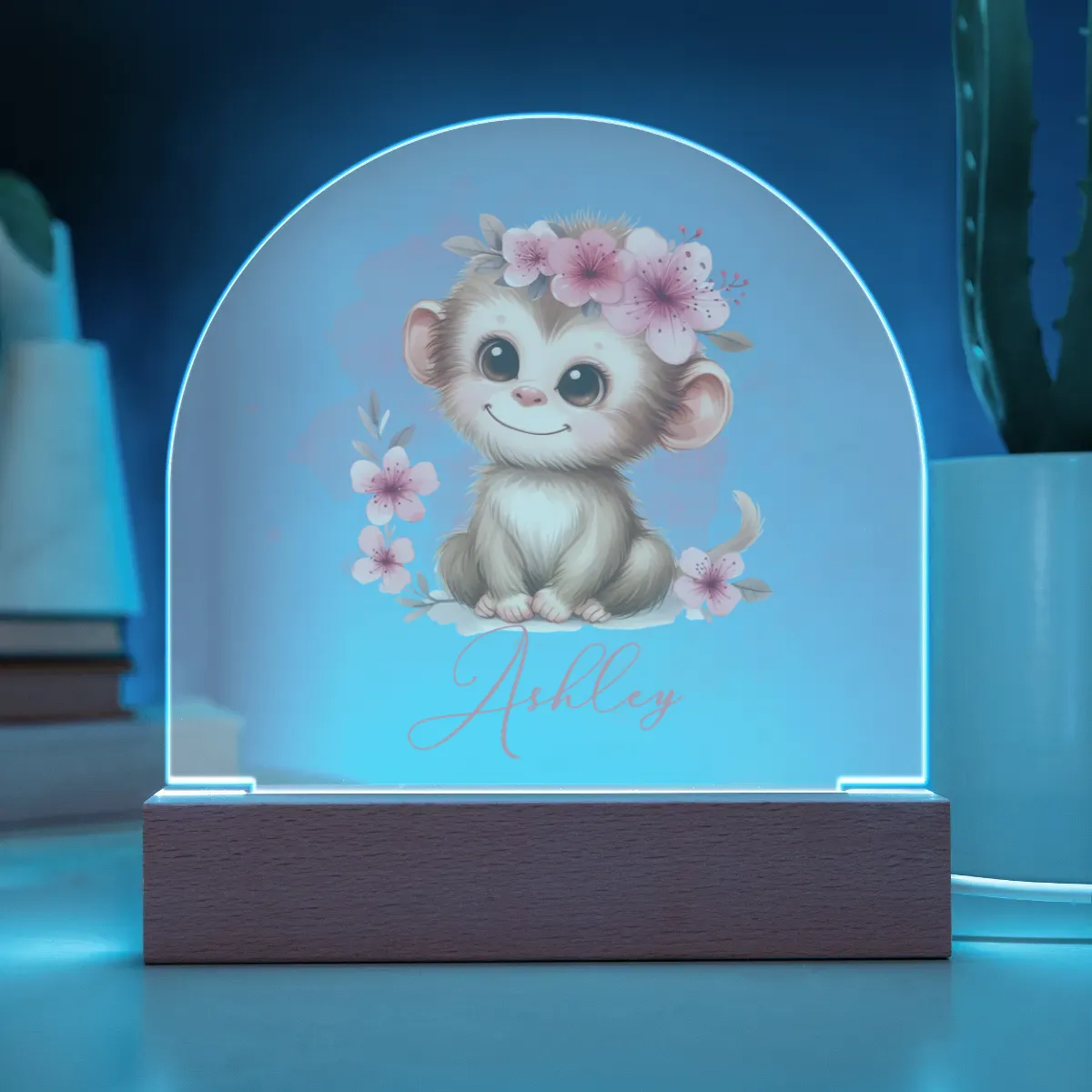 Personalised Monkey Acrylic Dome Plaque Wooden Base Night Light