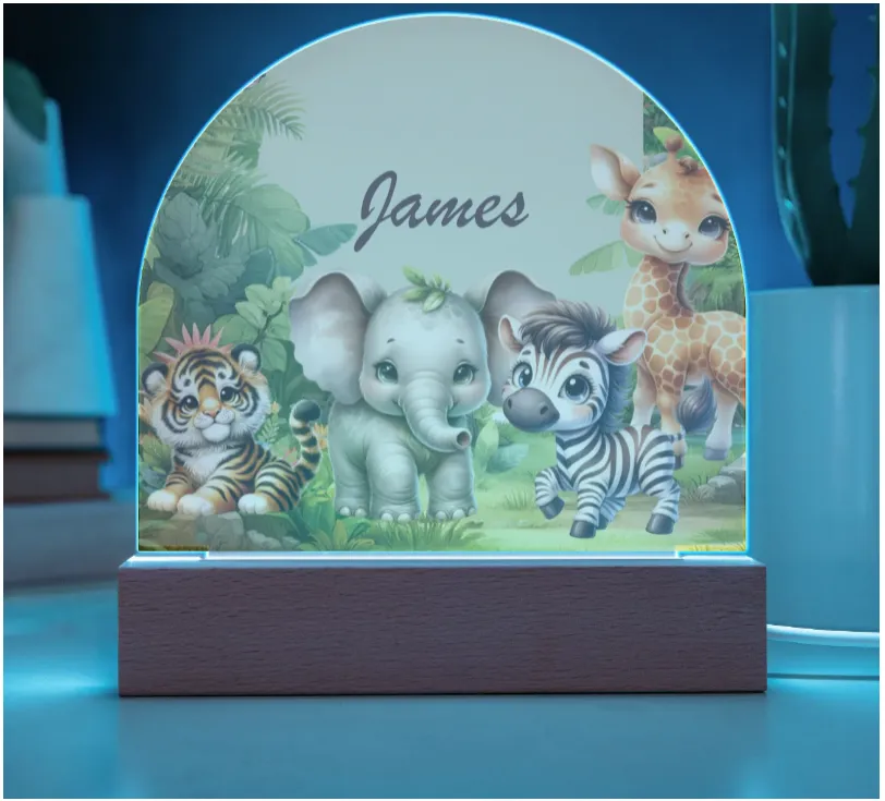 Personalised Safari Acrylic Dome Plaque Wooden Base Night Light
