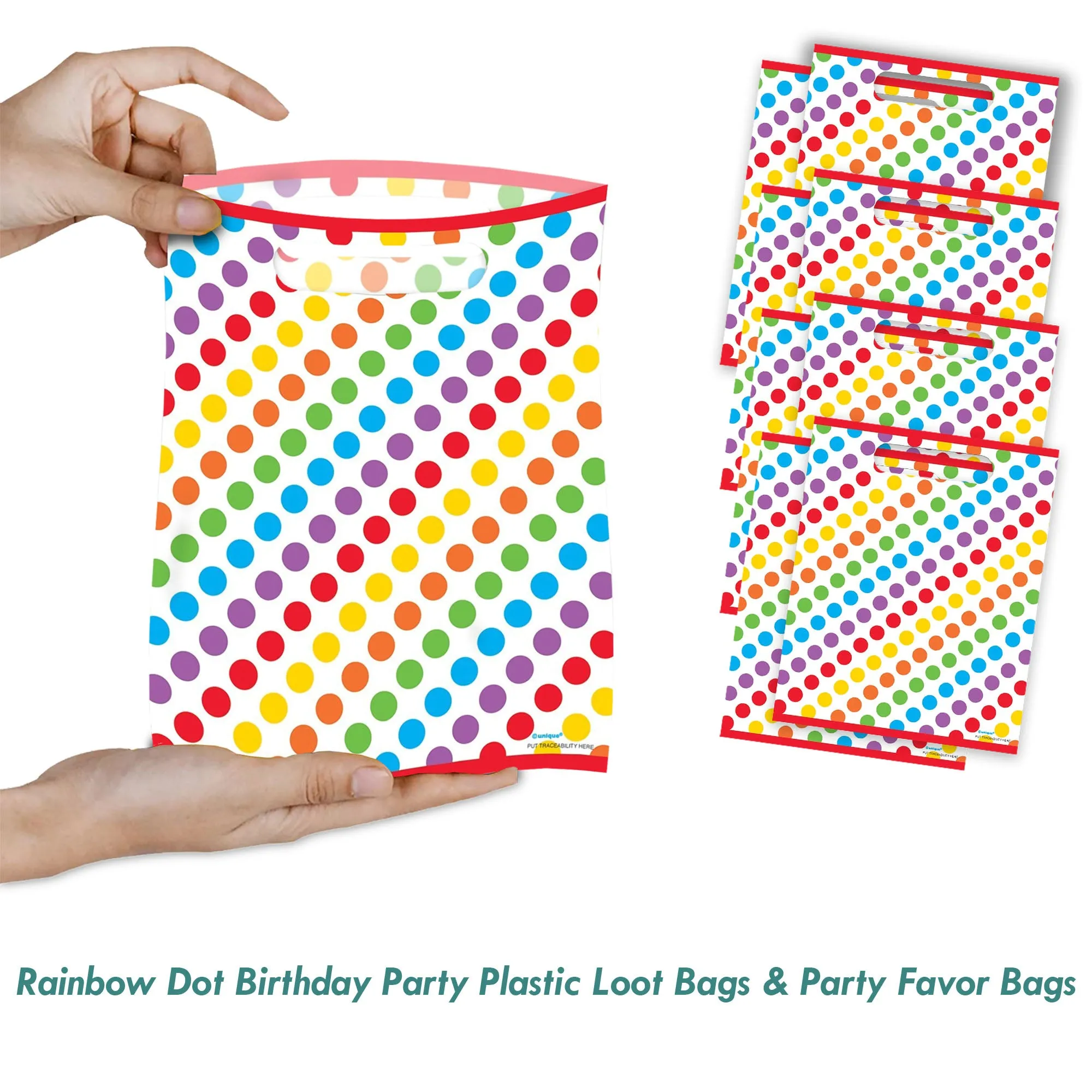 Rainbow Dot Birthday Party Plastic Loot Bags & Party Favor Bags, 11 Inch Size, 16 Count