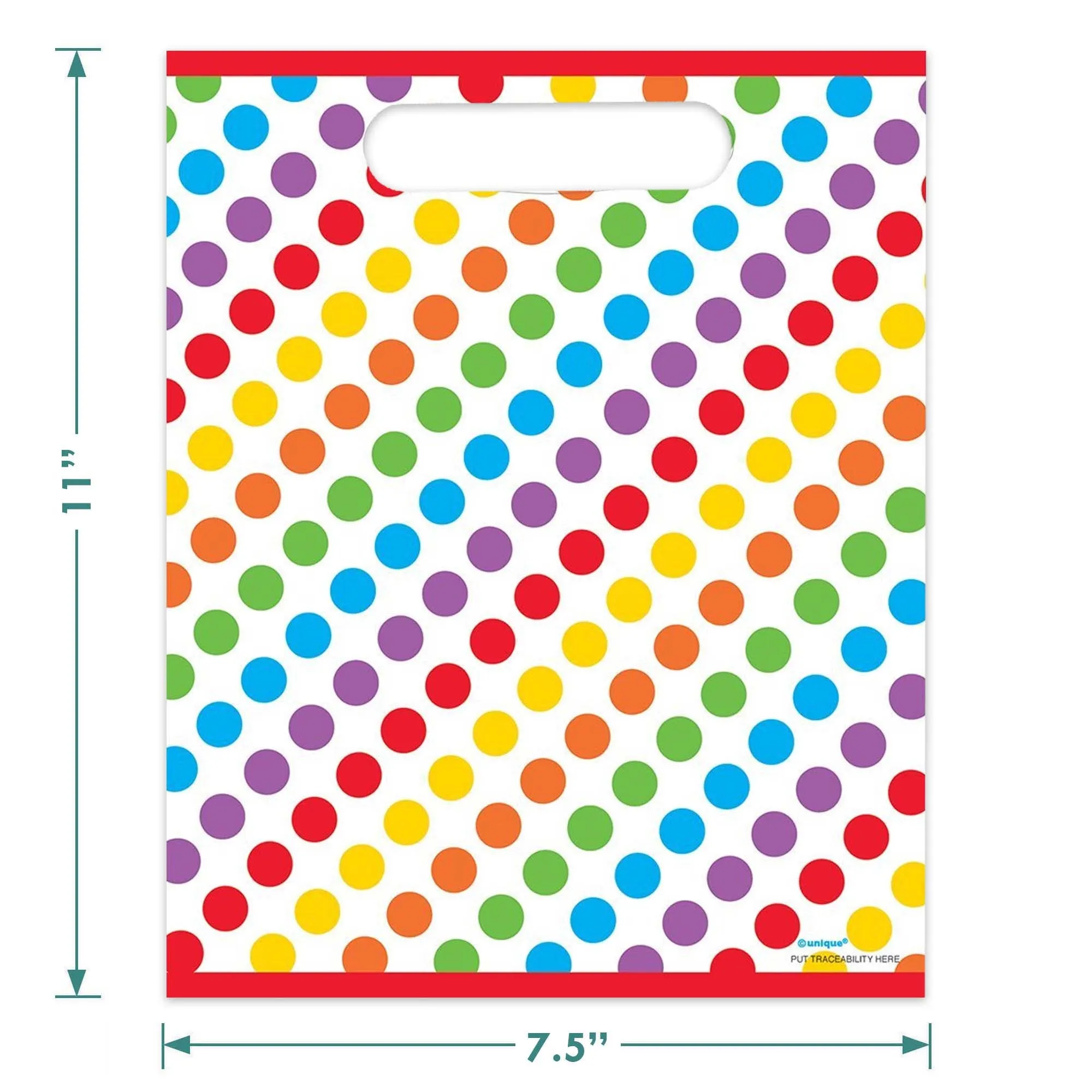 Rainbow Dot Birthday Party Plastic Loot Bags & Party Favor Bags, 11 Inch Size, 16 Count