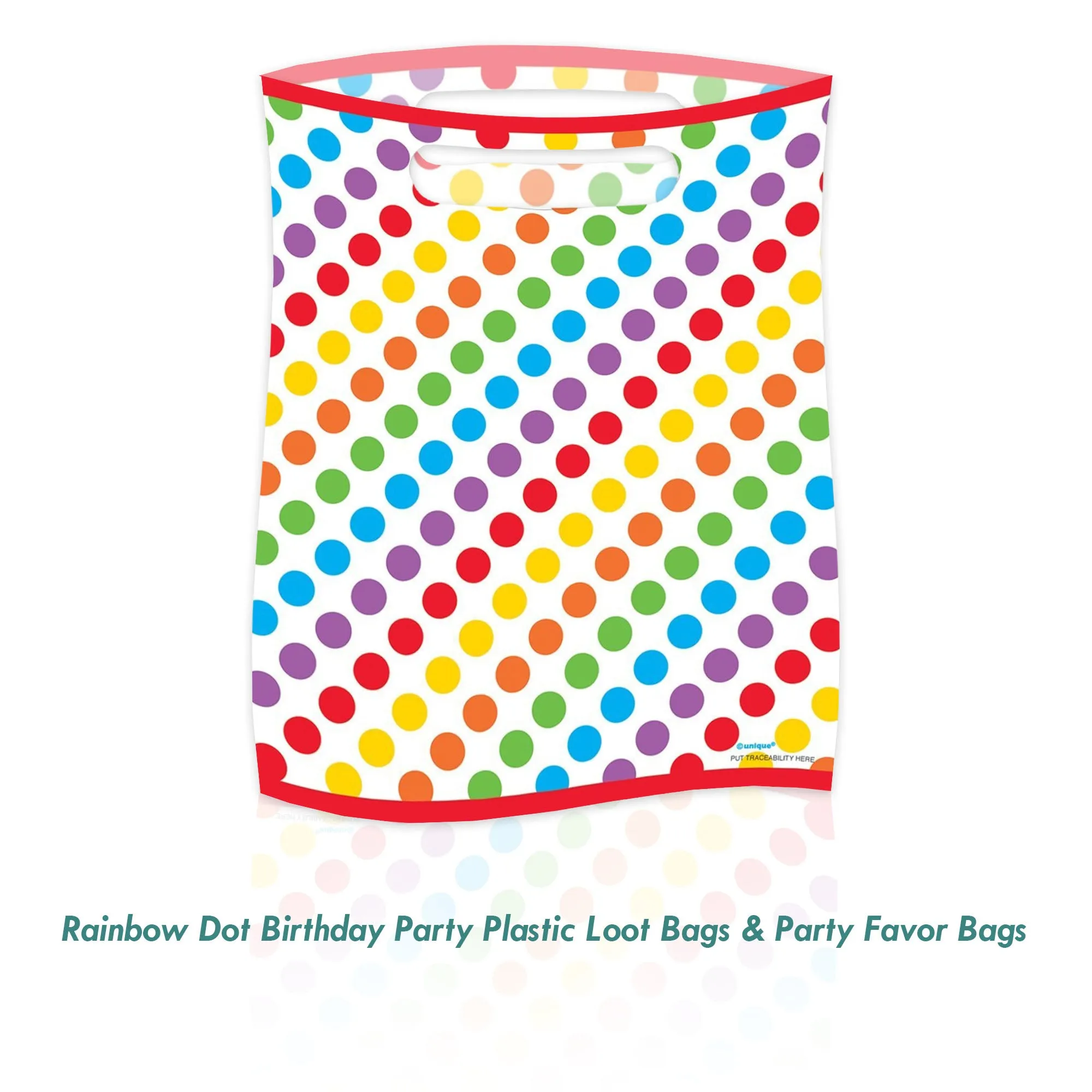 Rainbow Dot Birthday Party Plastic Loot Bags & Party Favor Bags, 11 Inch Size, 16 Count