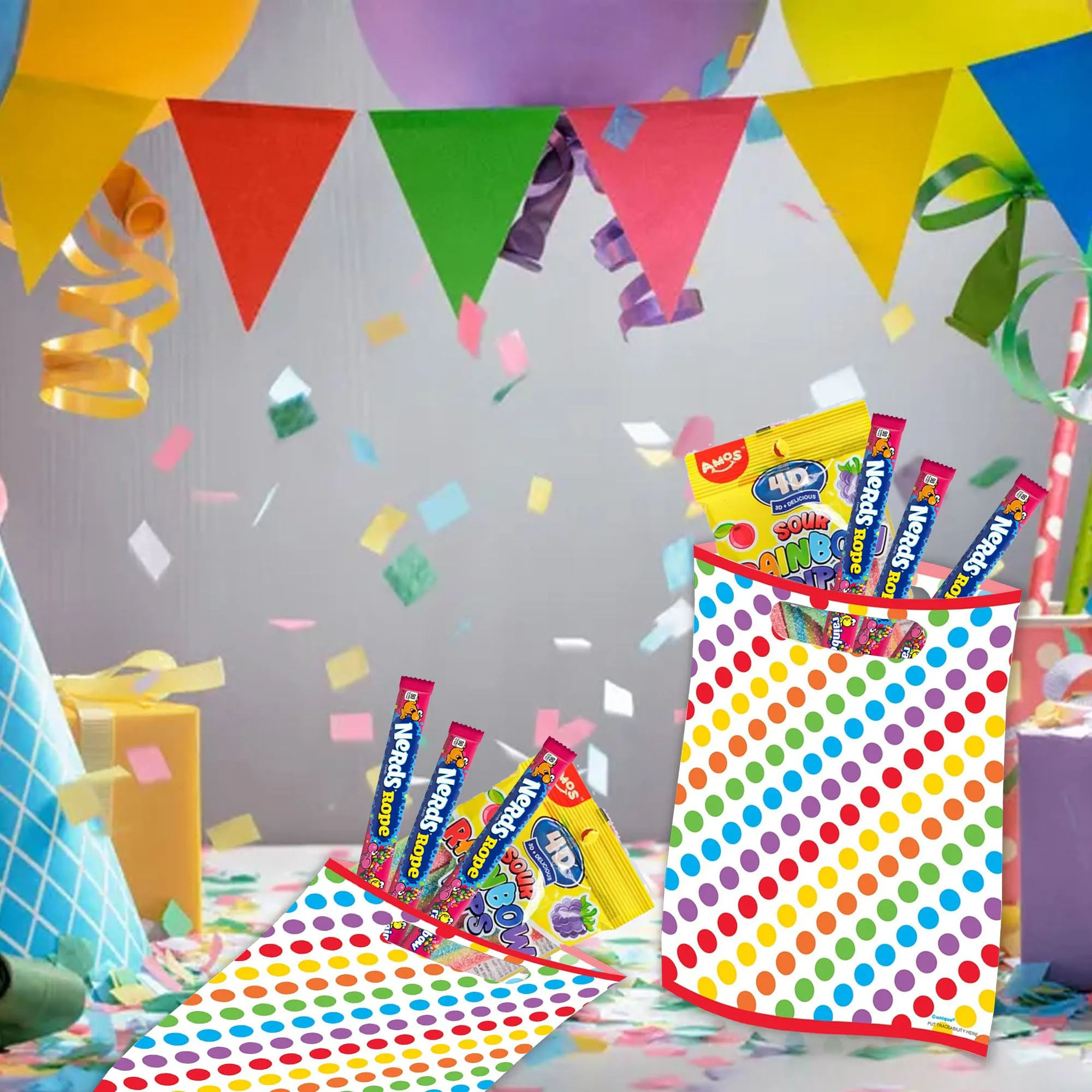Rainbow Dot Birthday Party Plastic Loot Bags & Party Favor Bags, 11 Inch Size, 16 Count