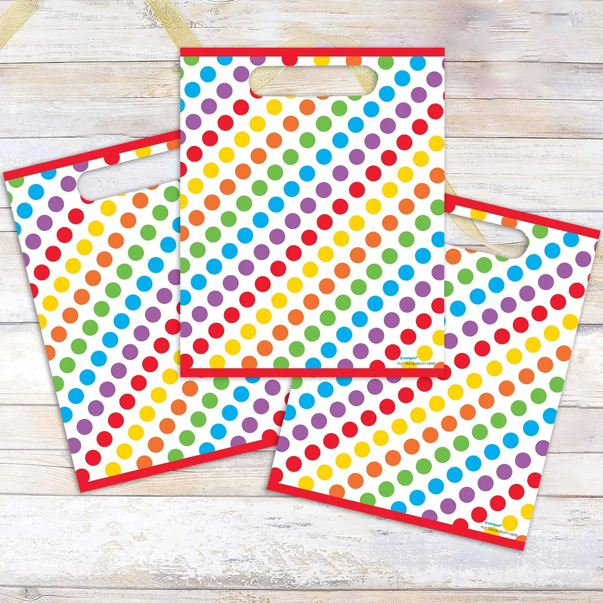 Rainbow Dot Birthday Party Plastic Loot Bags & Party Favor Bags, 11 Inch Size, 16 Count