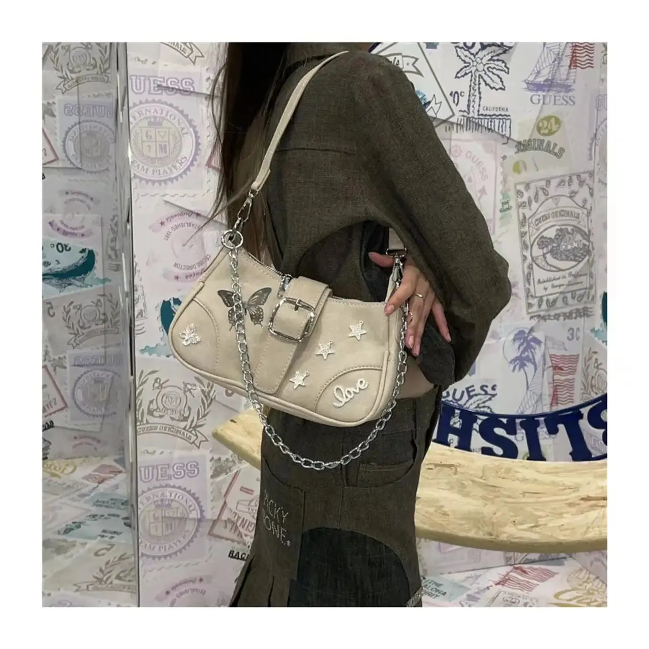 UAKISS  -  Sweet Underarm Bag Star Y2K Spicy Girl One Shoulder Handheld Crossbody Fashion Chain Top-handle Bag