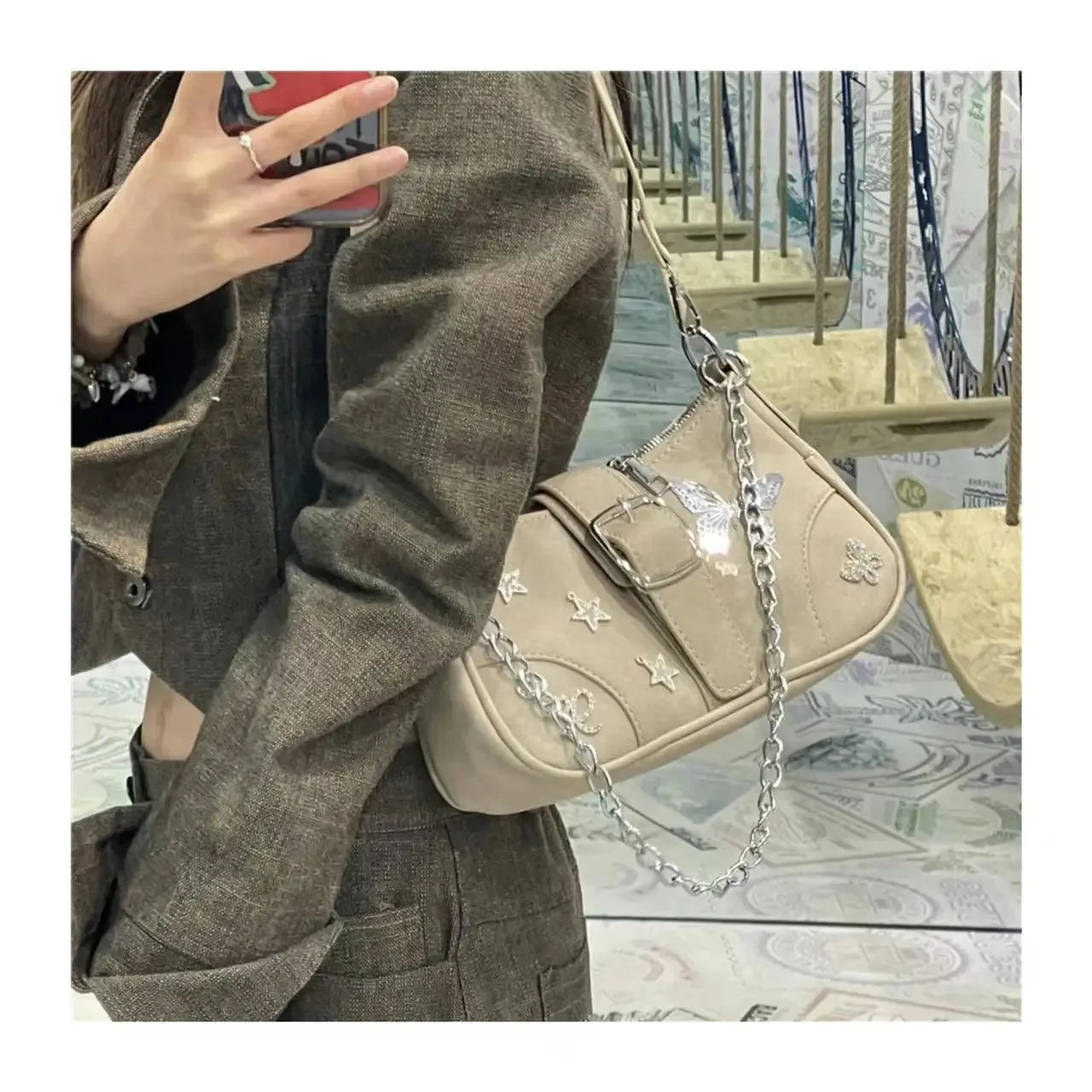 UAKISS  -  Sweet Underarm Bag Star Y2K Spicy Girl One Shoulder Handheld Crossbody Fashion Chain Top-handle Bag