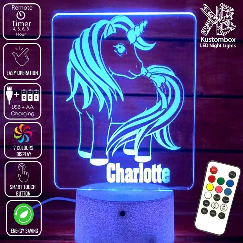 Unicorn Pony Personalised Name 3D LED Night Light Lamp