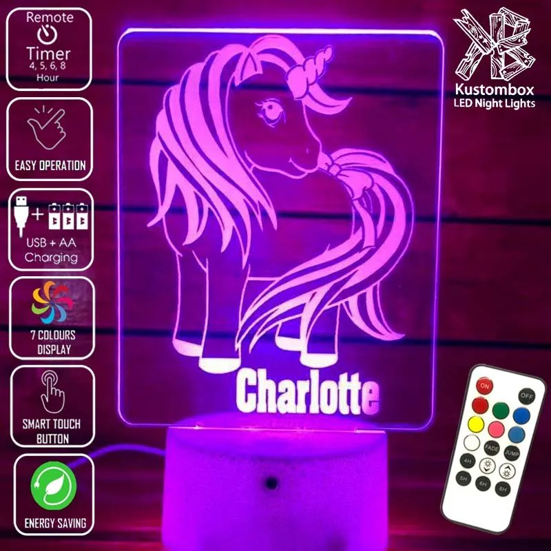 Unicorn Pony Personalised Name 3D LED Night Light Lamp
