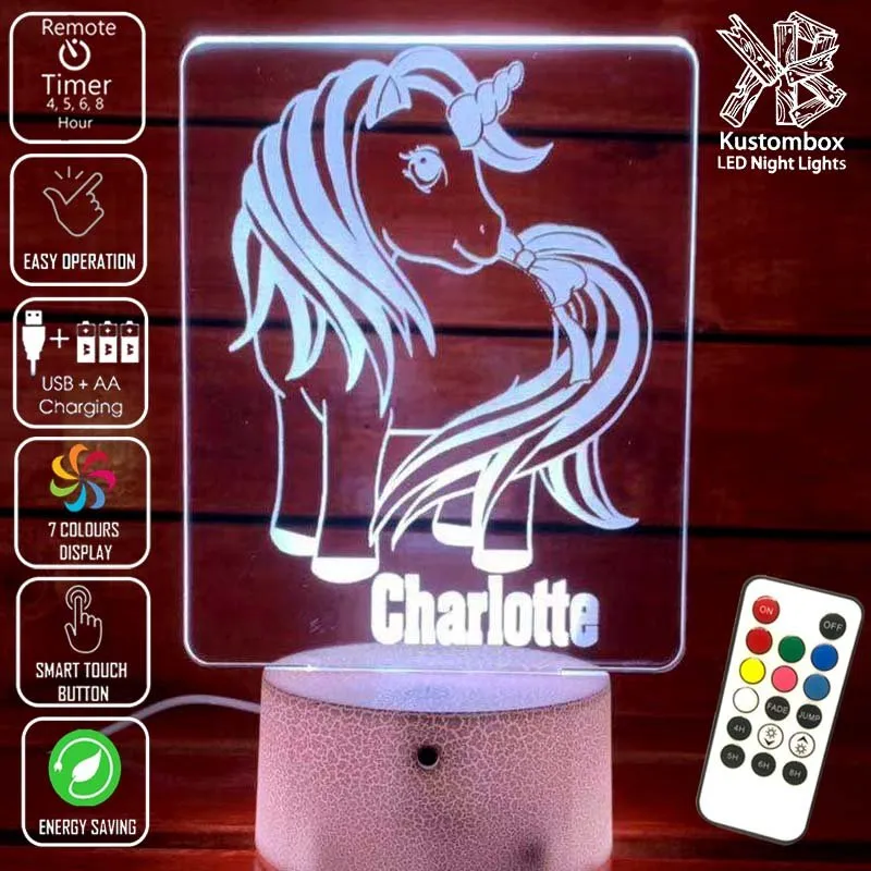 Unicorn Pony Personalised Name 3D LED Night Light Lamp