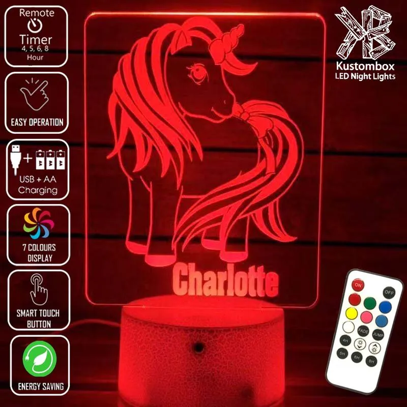 Unicorn Pony Personalised Name 3D LED Night Light Lamp
