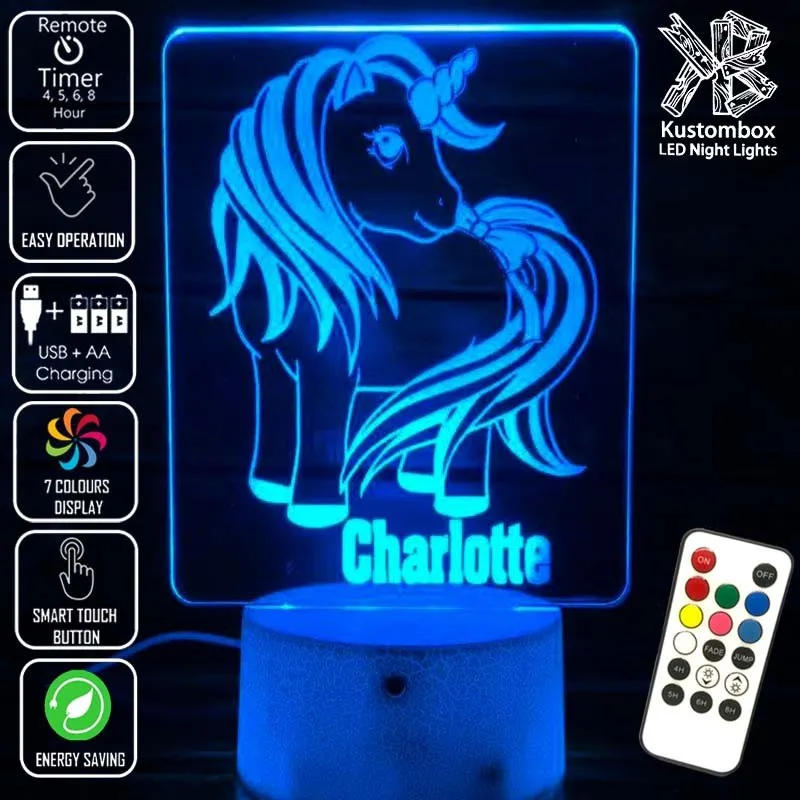 Unicorn Pony Personalised Name 3D LED Night Light Lamp