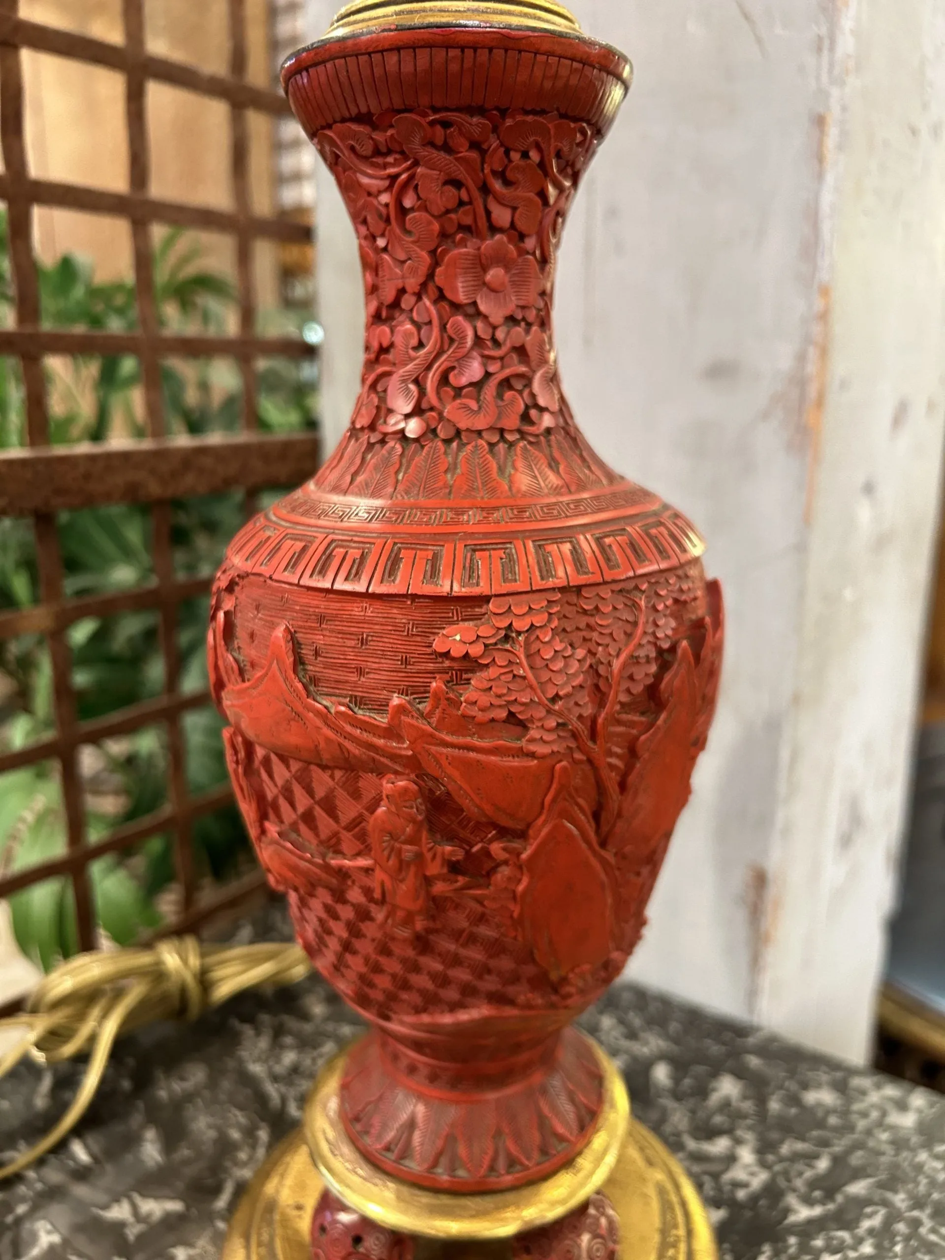 Vintage Chinese Cinnabar Table Lamp, Petite, Gold Accents