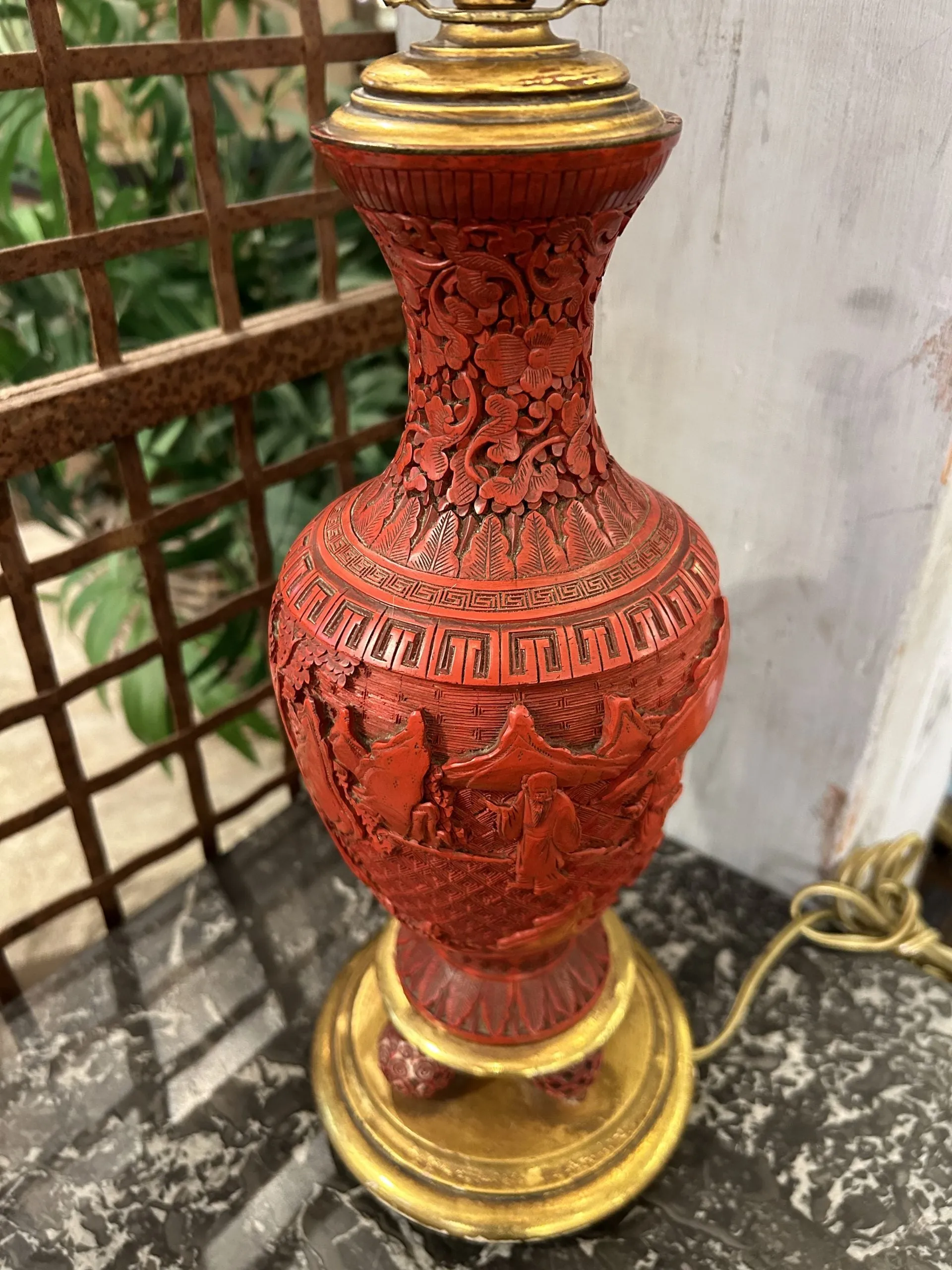 Vintage Chinese Cinnabar Table Lamp, Petite, Gold Accents
