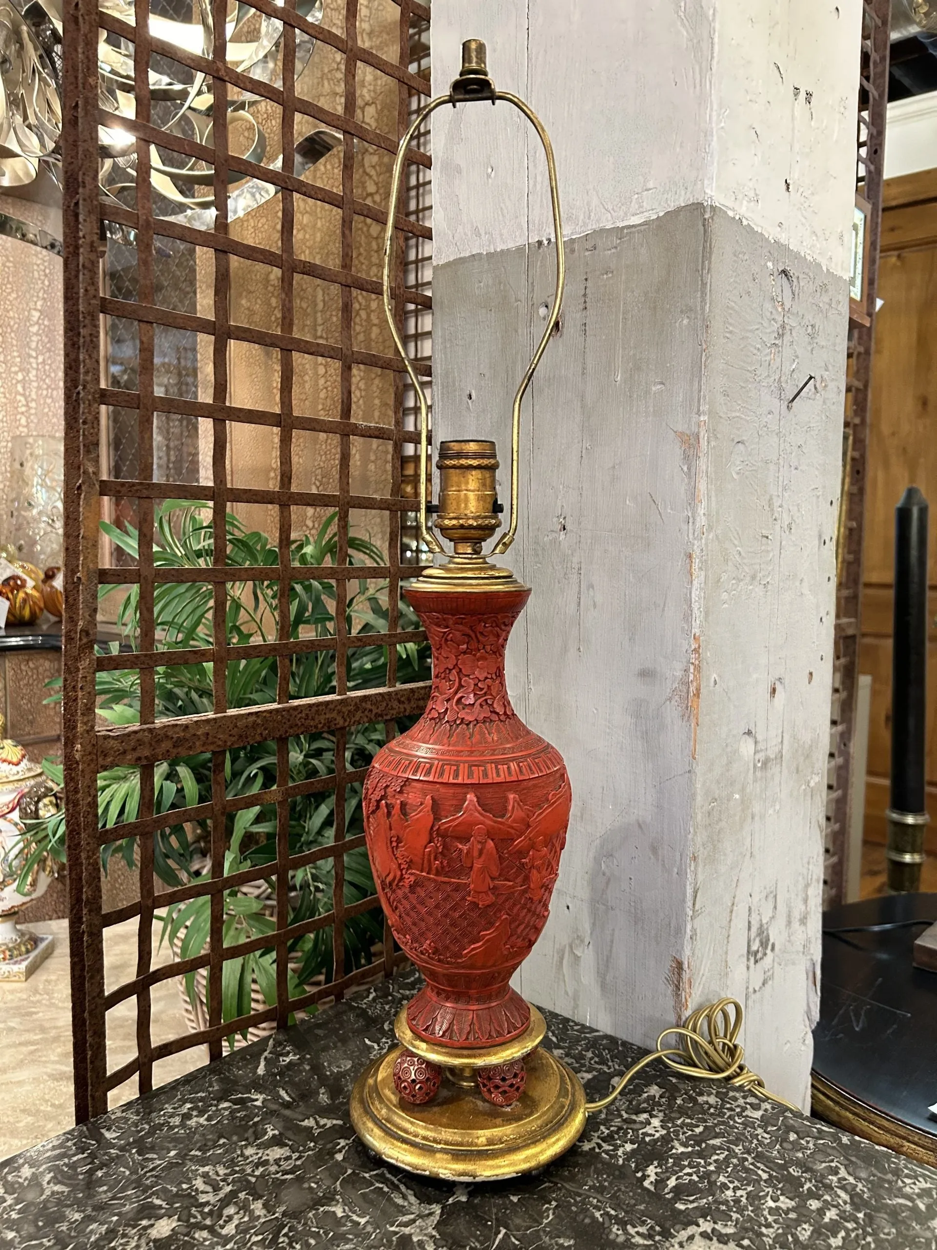 Vintage Chinese Cinnabar Table Lamp, Petite, Gold Accents