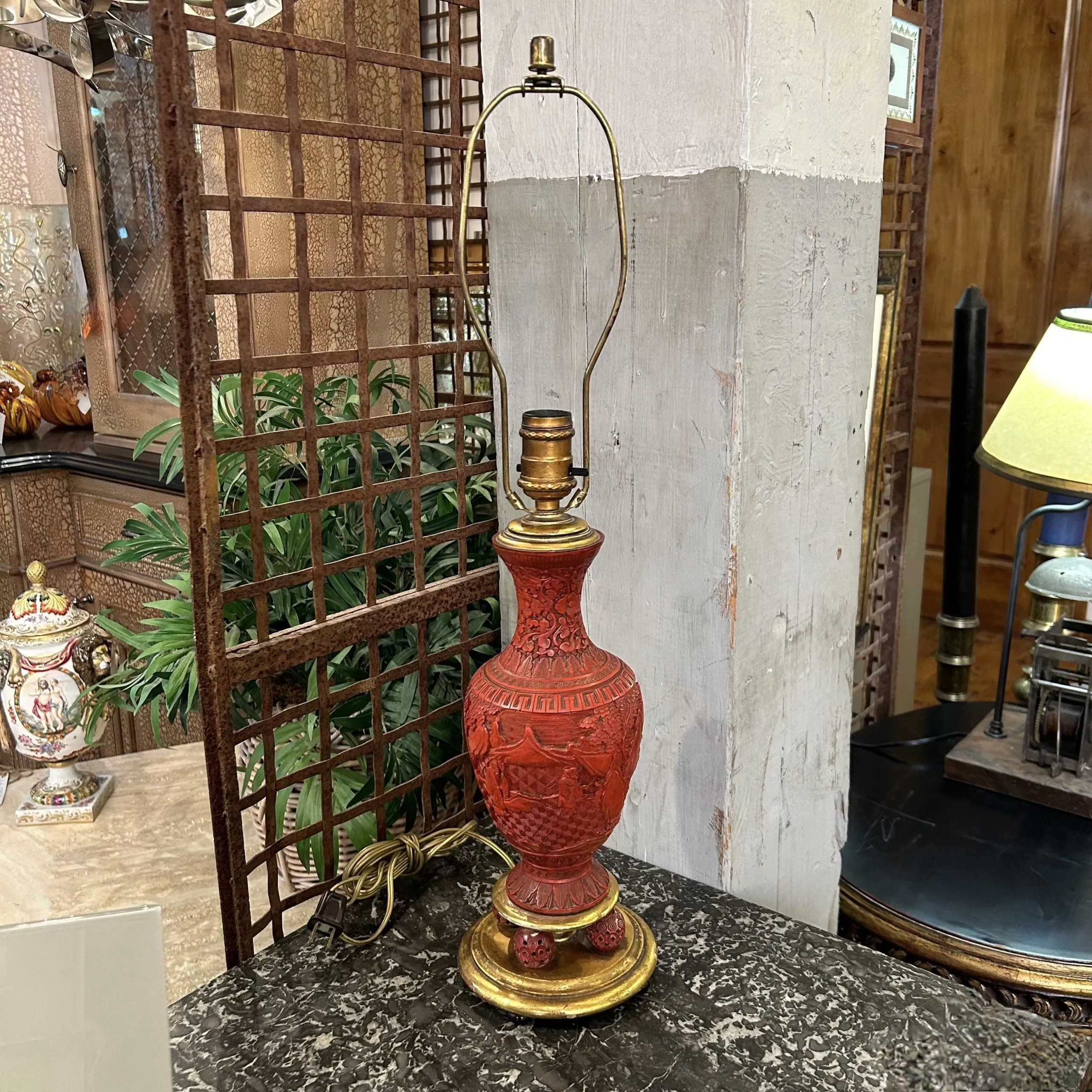 Vintage Chinese Cinnabar Table Lamp, Petite, Gold Accents