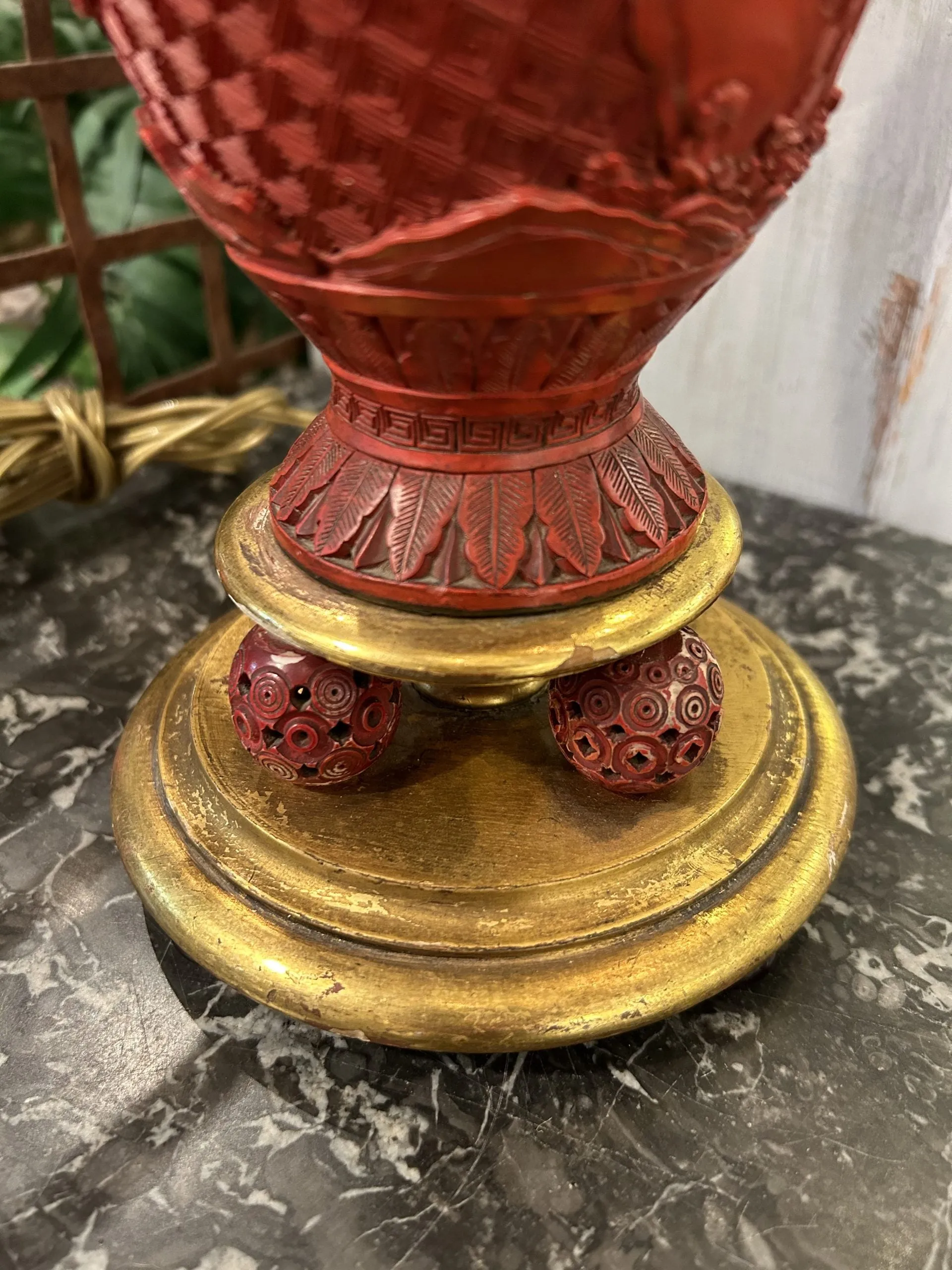 Vintage Chinese Cinnabar Table Lamp, Petite, Gold Accents