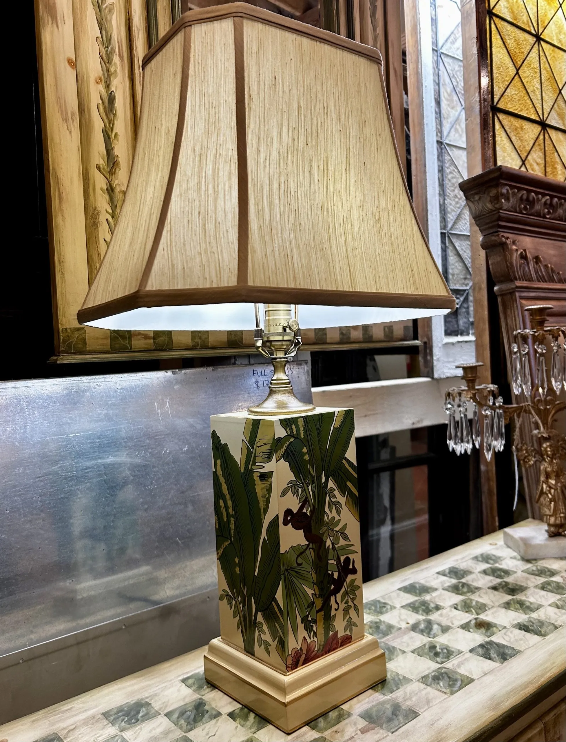 Wildwood Designs Ceramic Table Lamp, Monkeys in a Palm Tree, Shade Included