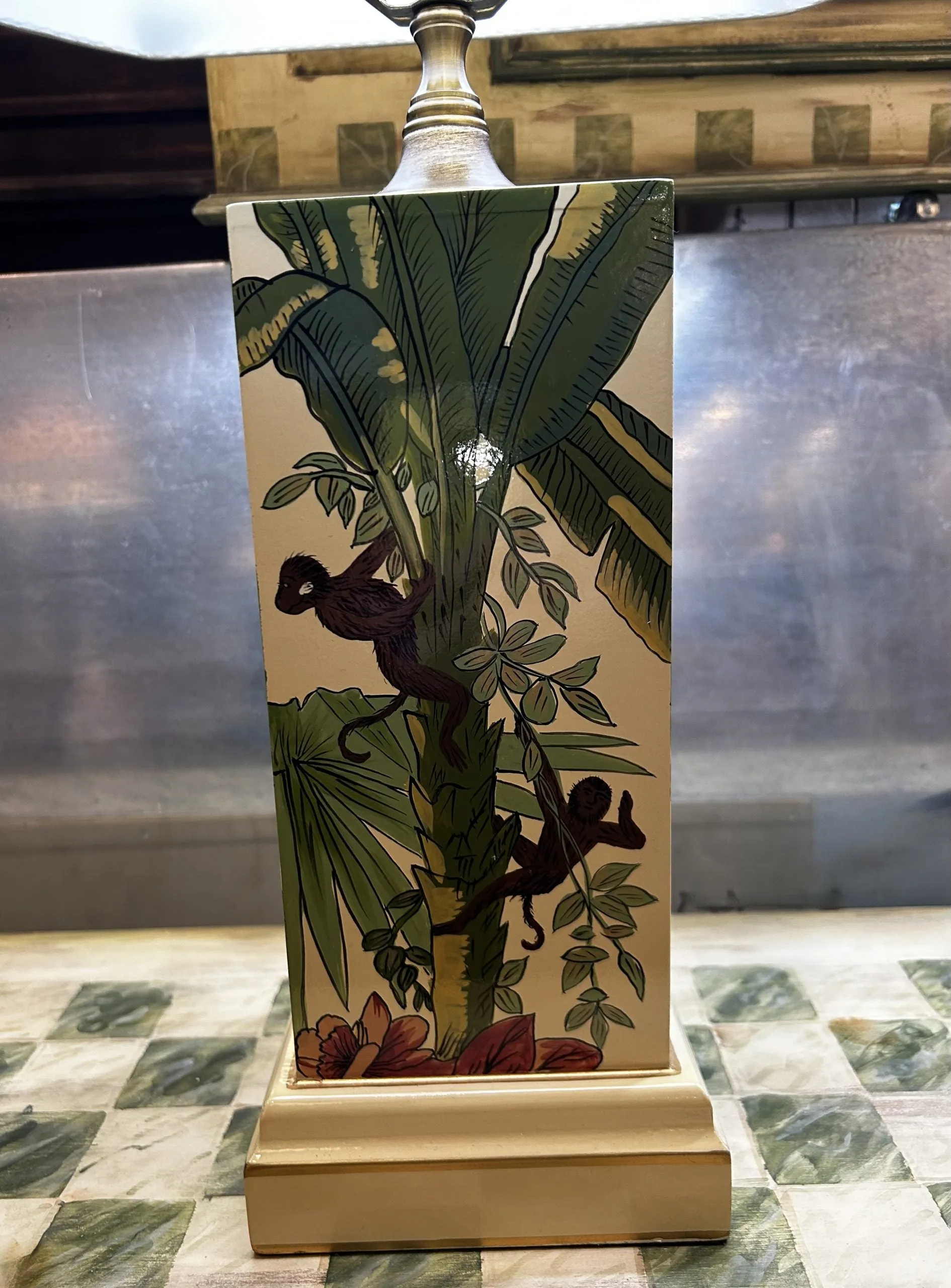 Wildwood Designs Ceramic Table Lamp, Monkeys in a Palm Tree, Shade Included