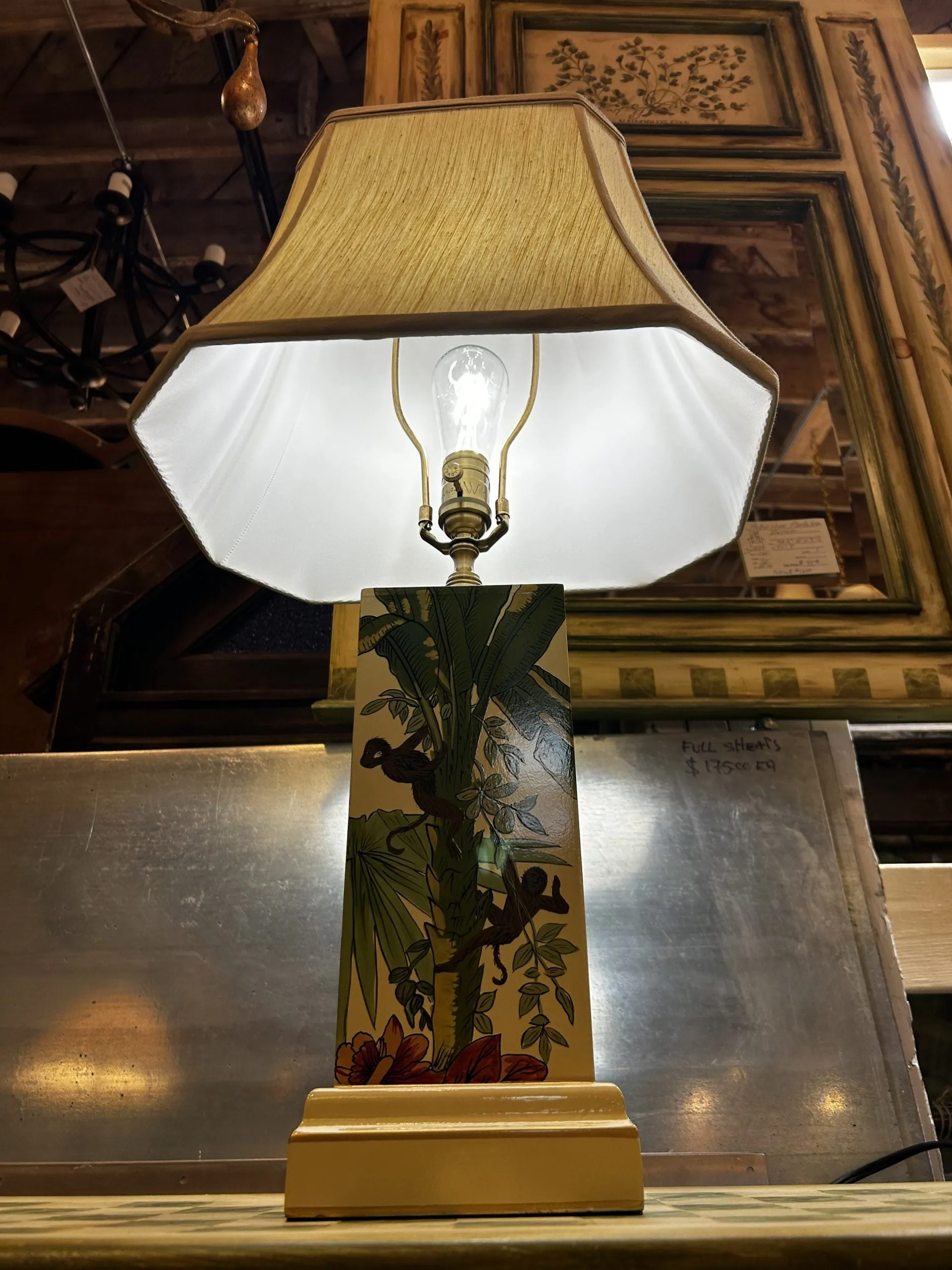 Wildwood Designs Ceramic Table Lamp, Monkeys in a Palm Tree, Shade Included