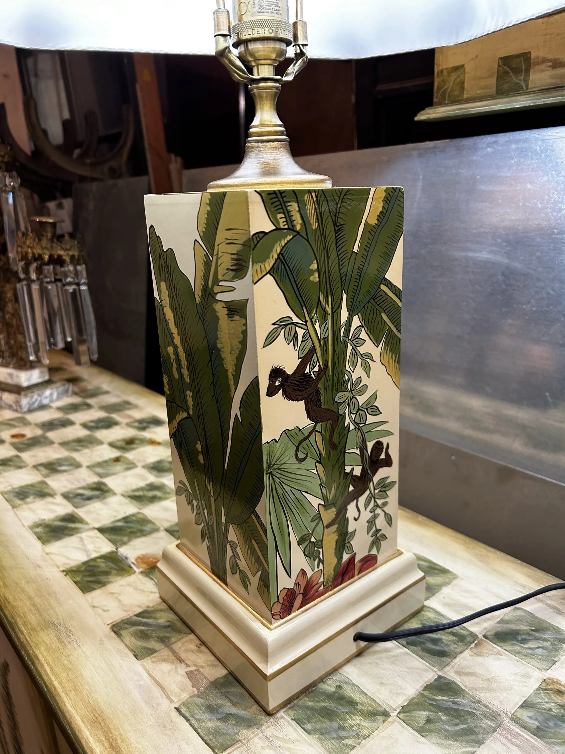 Wildwood Designs Ceramic Table Lamp, Monkeys in a Palm Tree, Shade Included