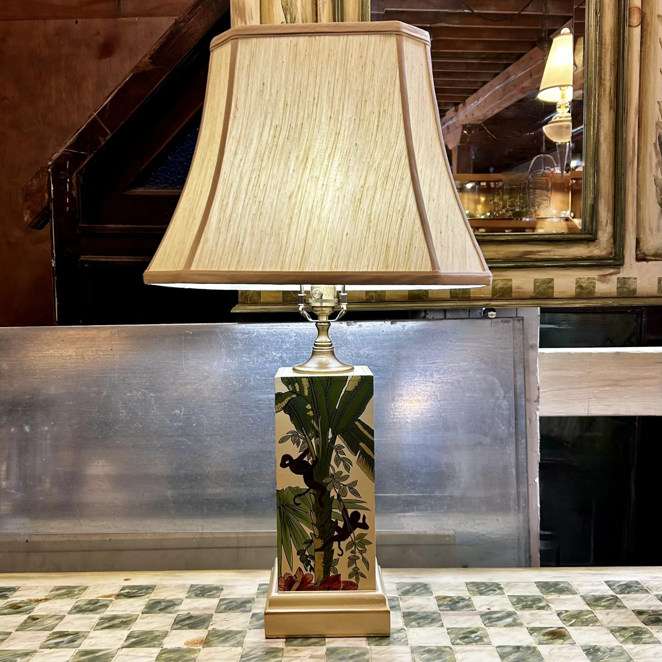 Wildwood Designs Ceramic Table Lamp, Monkeys in a Palm Tree, Shade Included